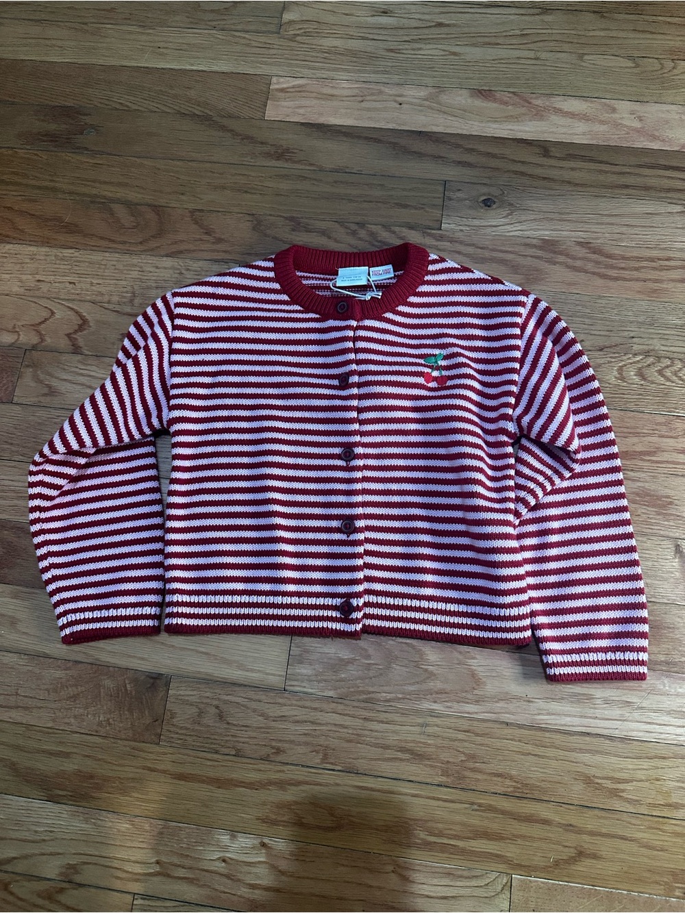 Zara Girls Cherry Knit Cardigan Sweater Red Pink Stripes 5